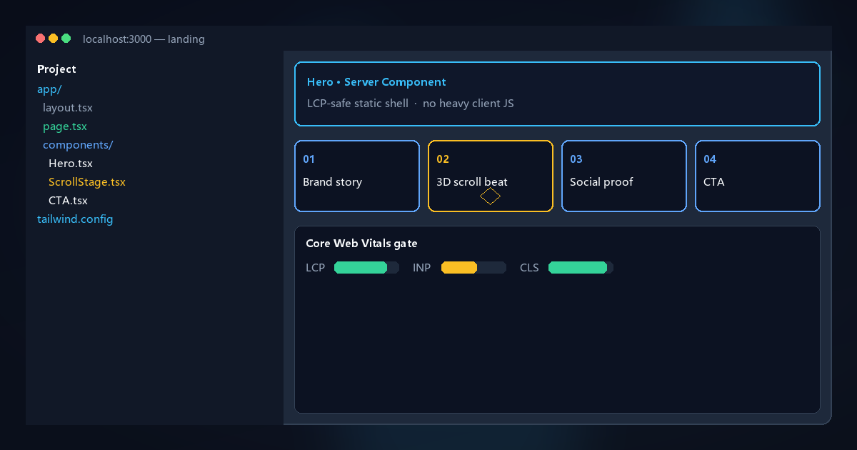 落地页交付骨架：Server Component 外壳 + 可生成滚动段落 + CWV 门禁