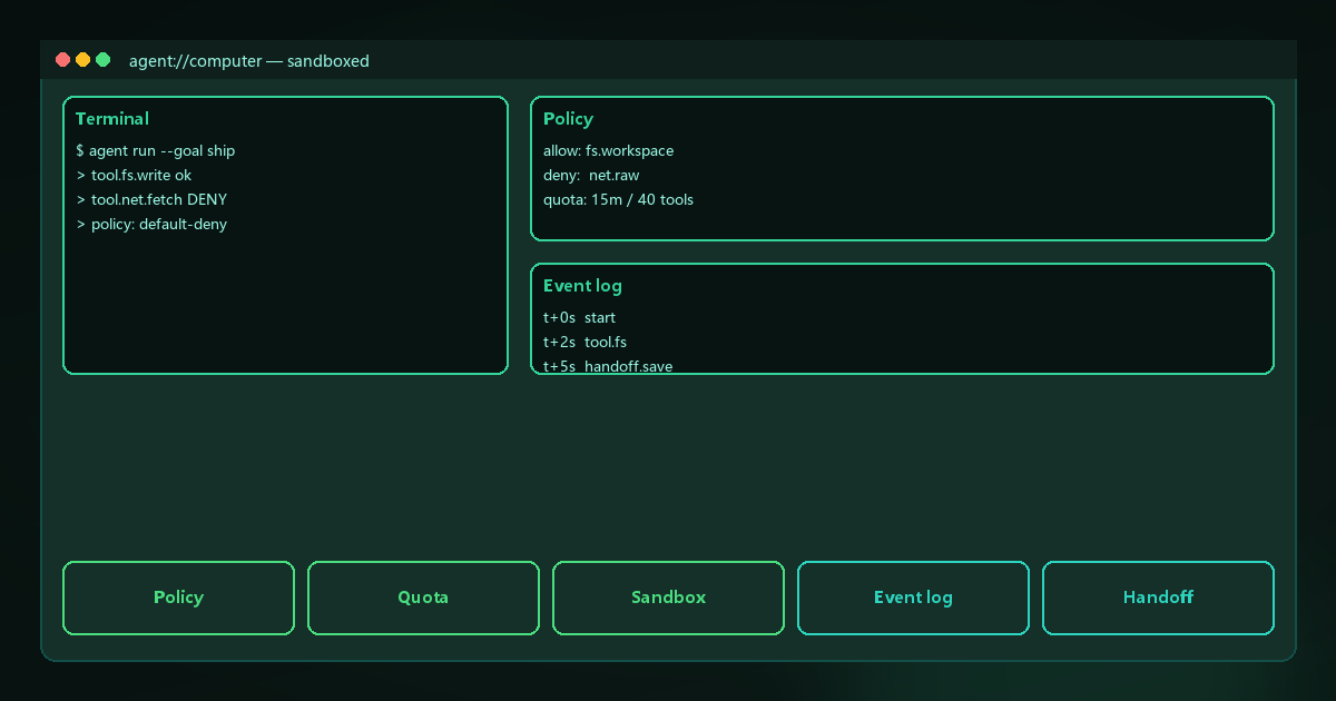 Agent Computer 分层：Policy / Quota / Sandbox / Event log / Handoff